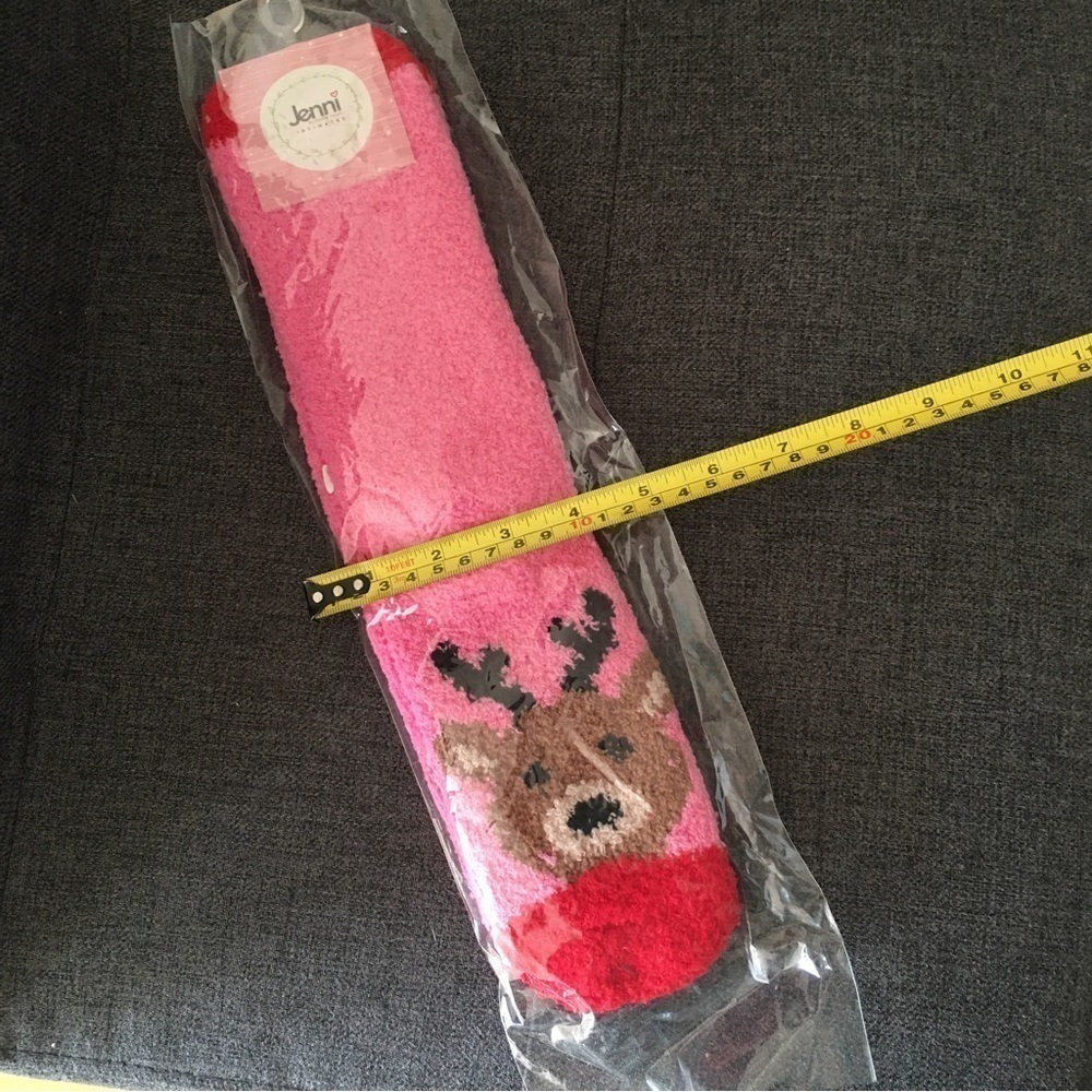 Cozy, Plush Reindeer Holiday Socks, Pink, Red - Picture 5 of 7